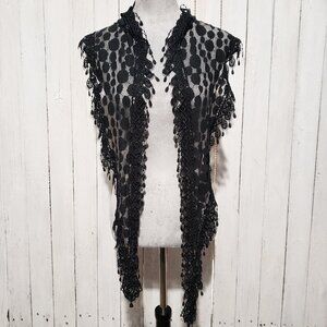 Women's Scarf Black Fringe Sheer Mesh Lace Cottage Boho Coastal Whimsigoth Glam